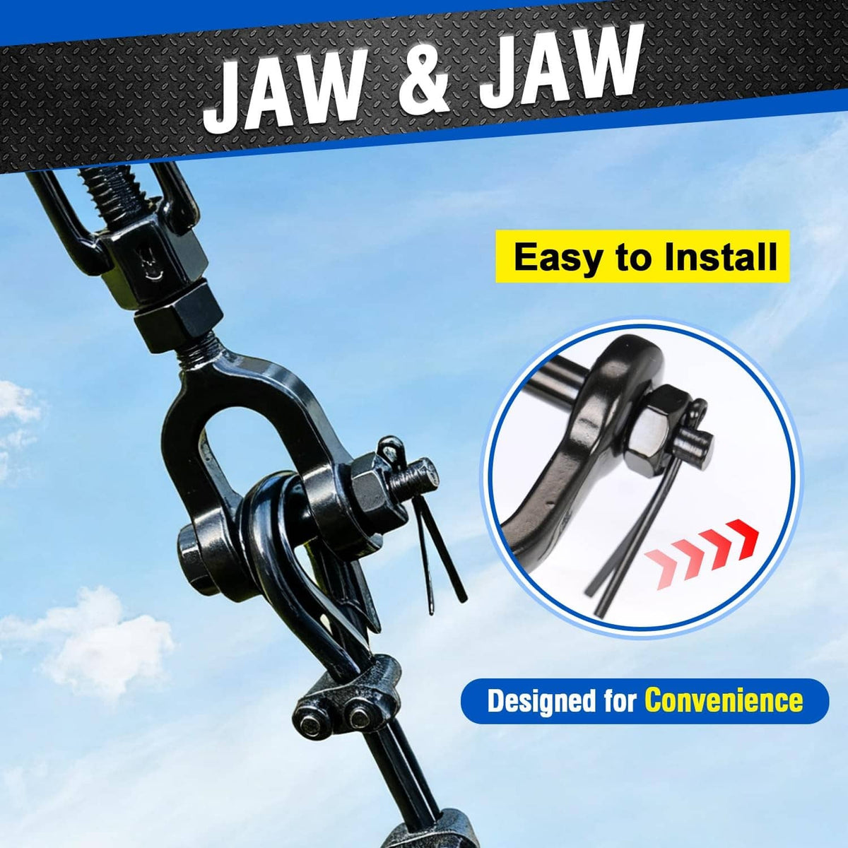Jaw-and-jaw turnbuckle with clevis end and cotter pin, ready for quick installation