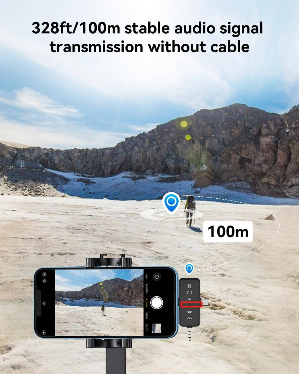 Wireless lavalier microphone receiver connected to a smartphone with a plug-in cable