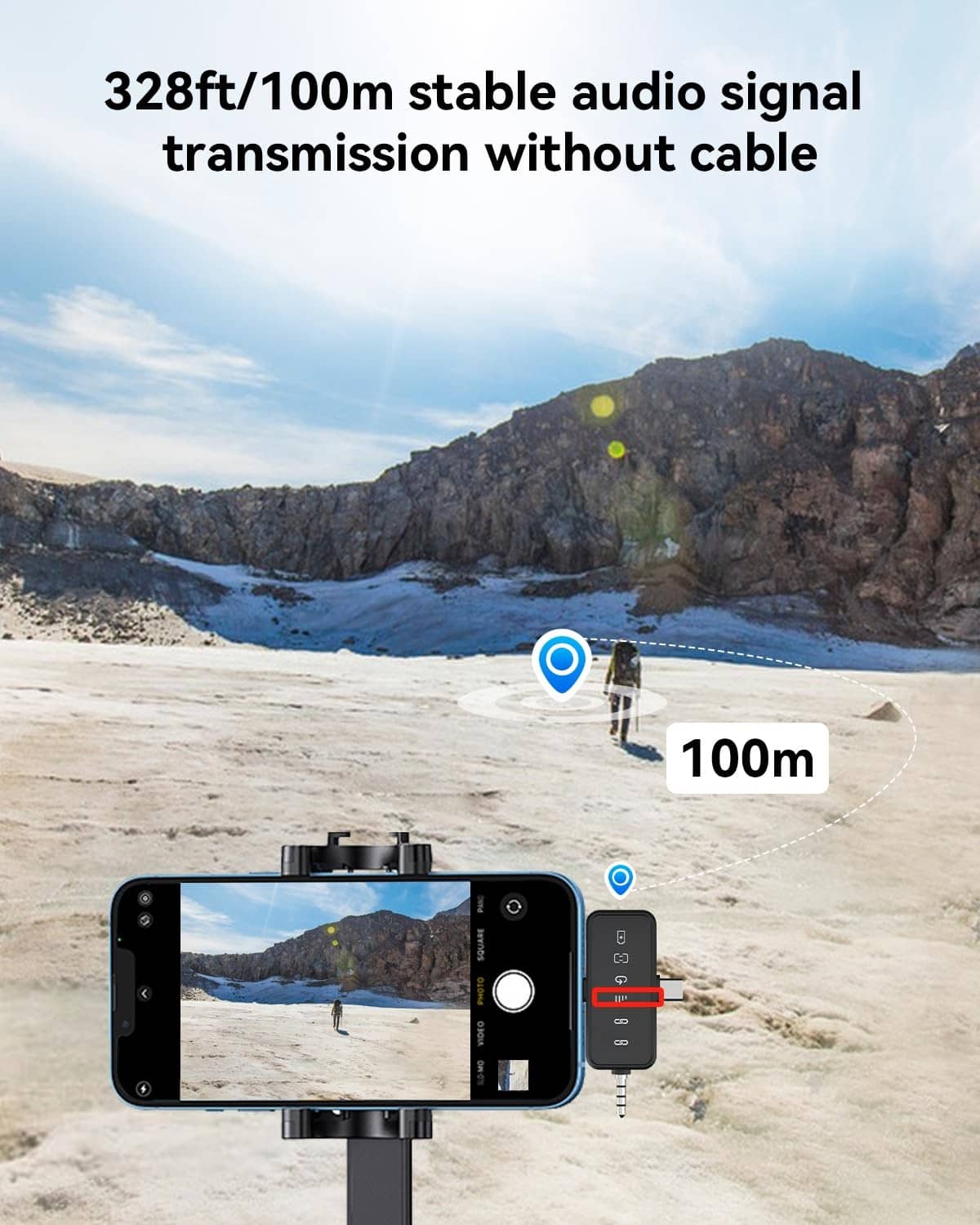 Wireless lavalier microphone receiver connected to a smartphone with a plug-in cable