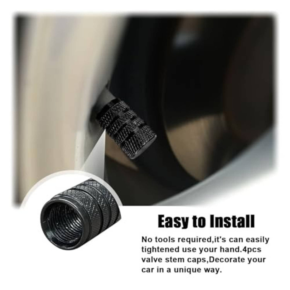 Black, textured tire valve stem cap shown near the valve opening