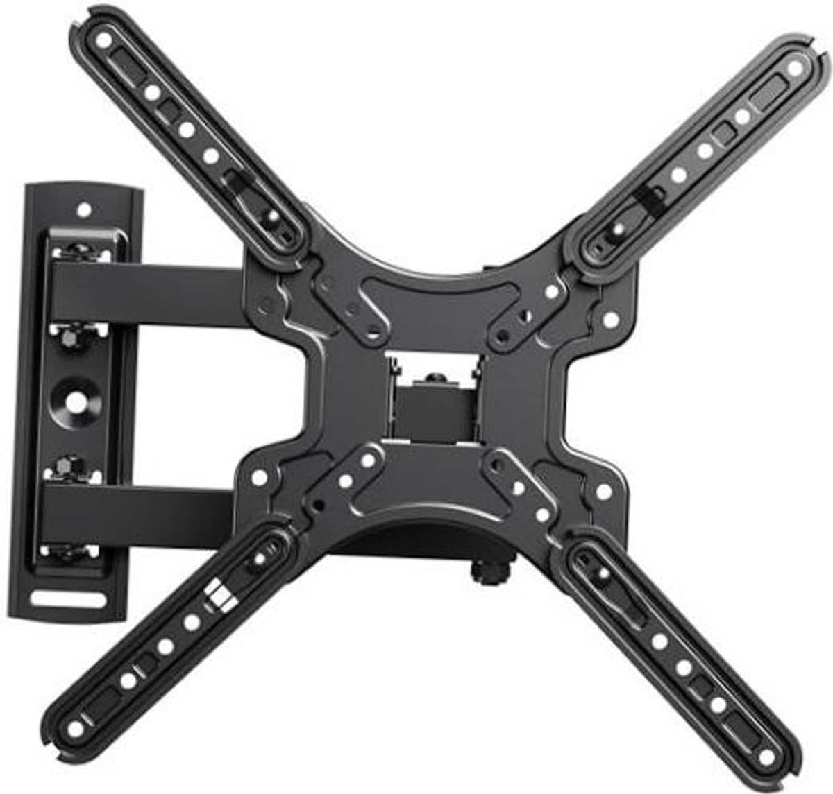 Black corner TV wall mount bracket with multi-arm swivel support plate
