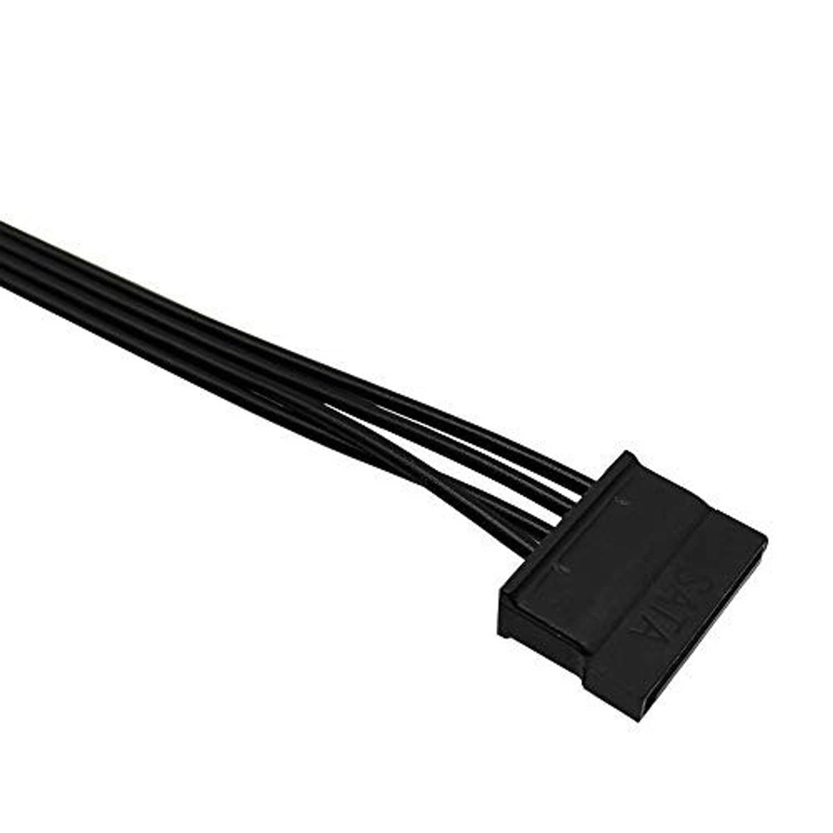 Black SATA power connector housing on end of ribbed ribbon adapter cable
