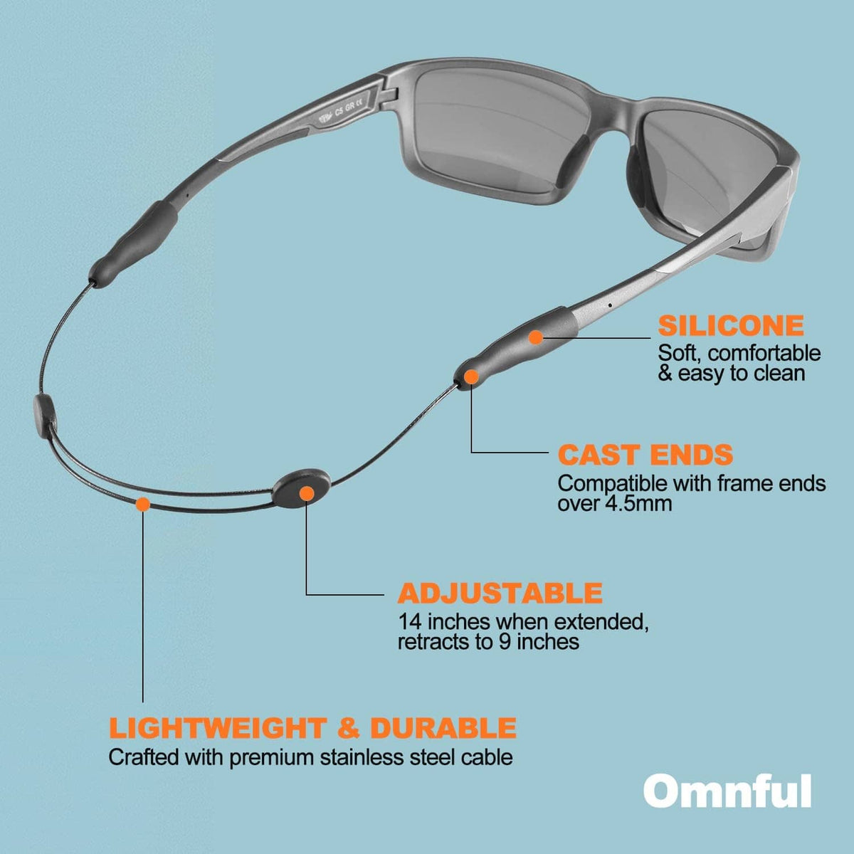 Omnful adjustable sunglasses strap with black cable and silicone end tips