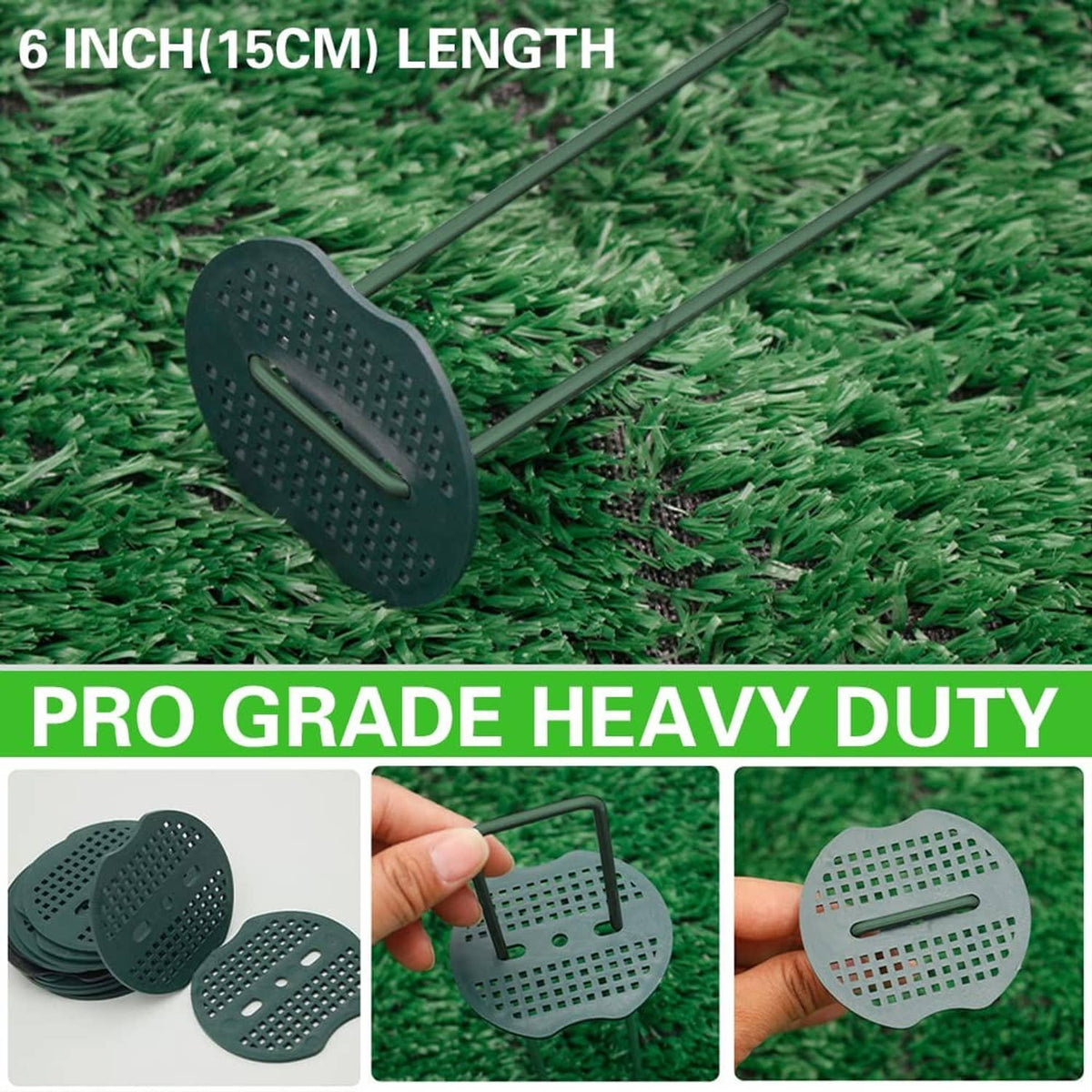 Green 6-inch U-shaped turf staple with perforated washer head on grass