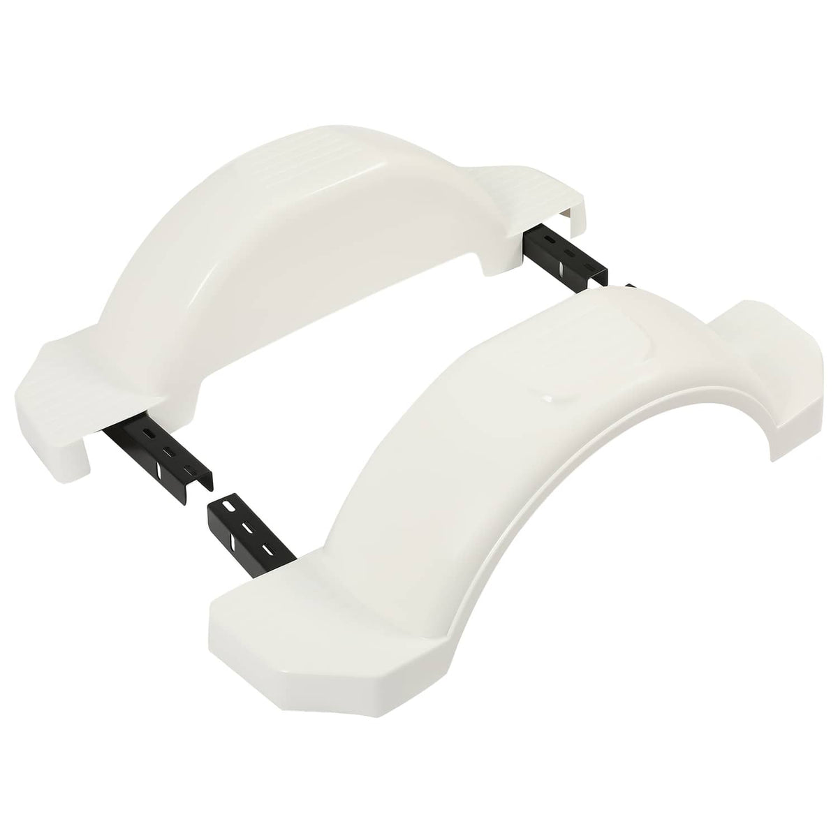 White HDPE trailer fender pair angled view with black mounting brackets