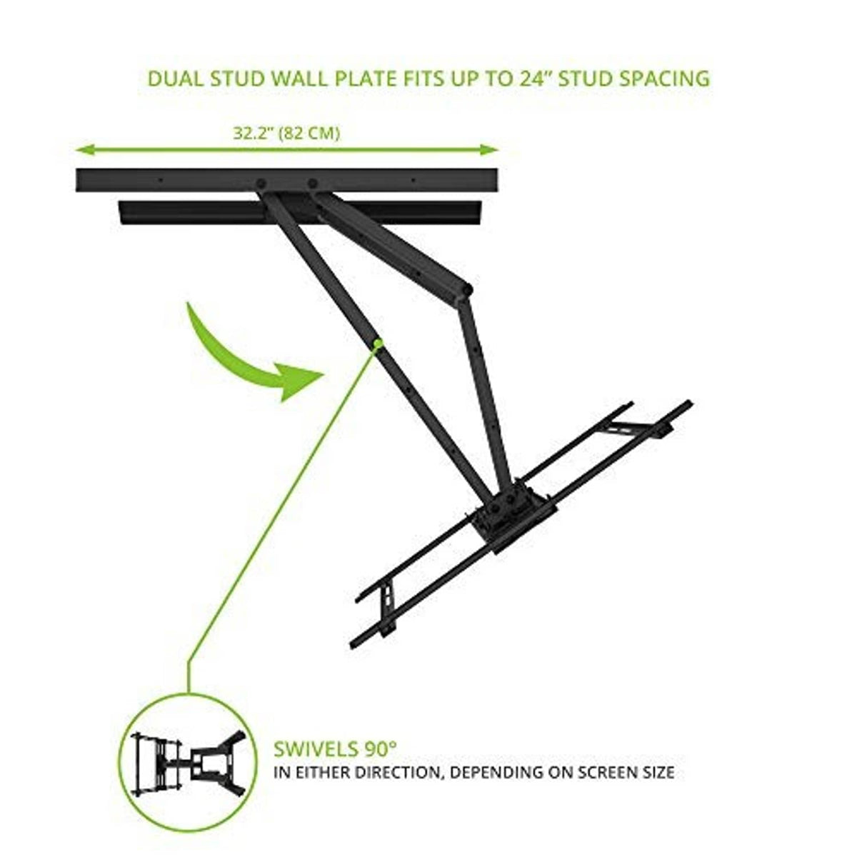 Black TV wall mount bracket for dual stud installation with swivel-style support arms