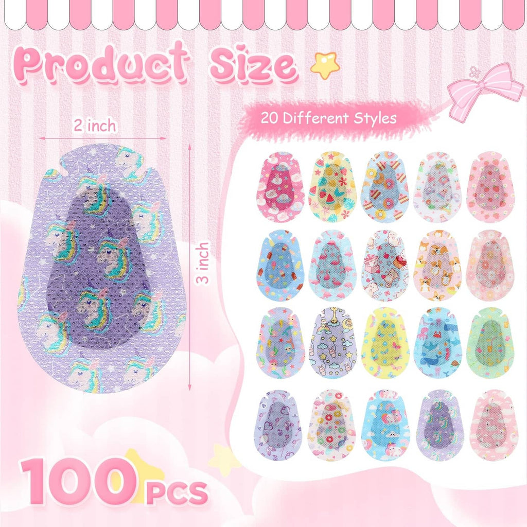 Assorted kids adhesive eye patches, oval shapes in pastel prints and cute characters