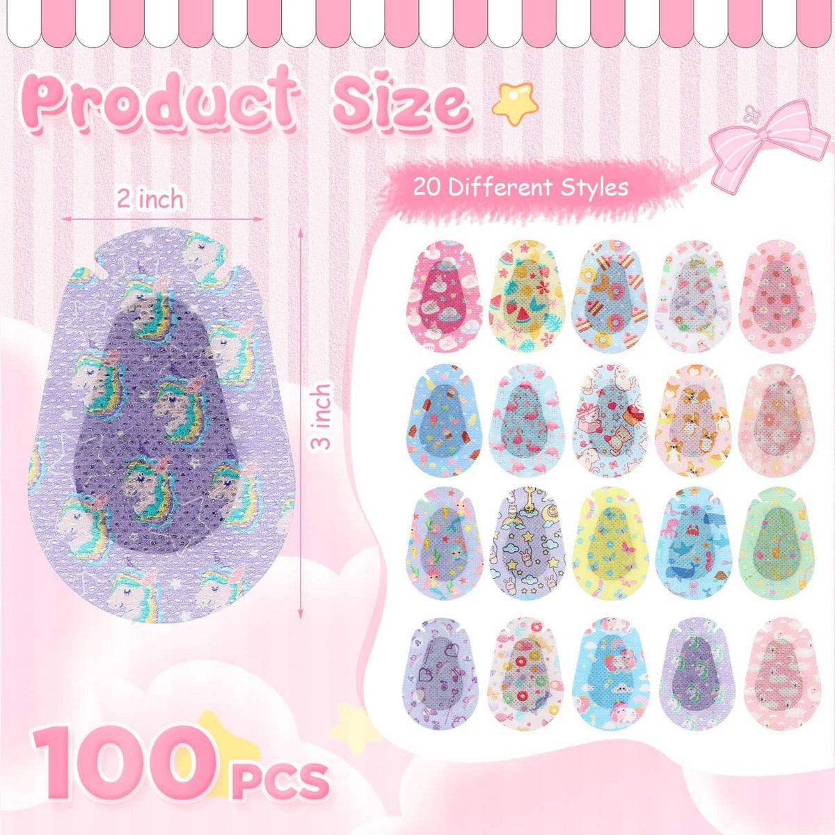 Assorted kids adhesive eye patches, oval shapes in pastel prints and cute characters