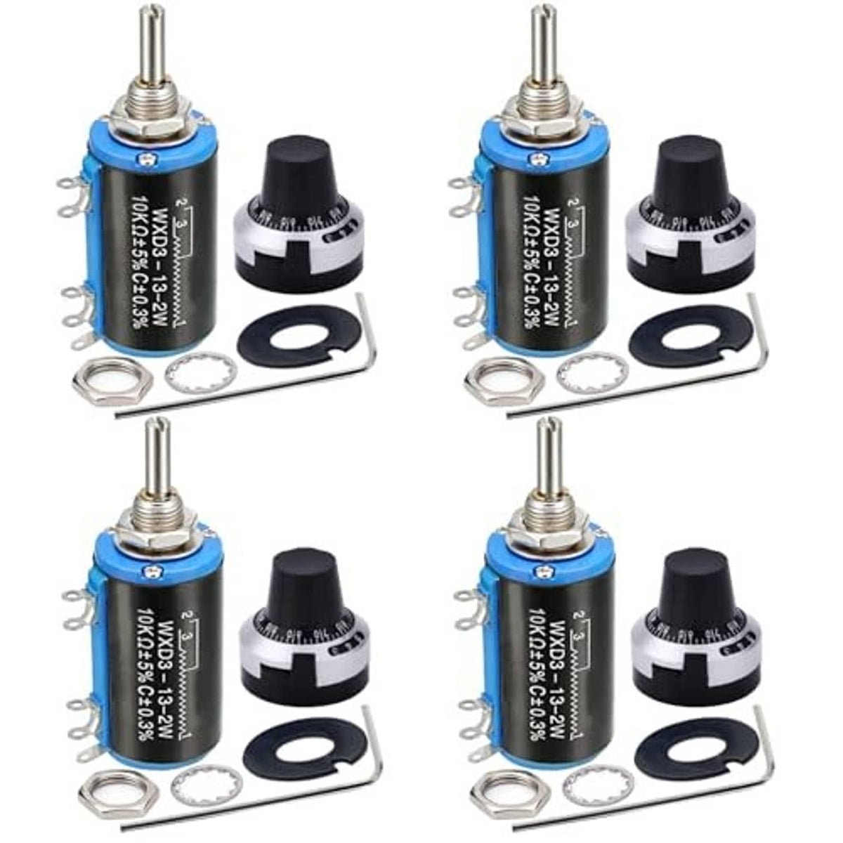 Set of four blue multi-turn rotary potentiometers with black caps and metal shafts
