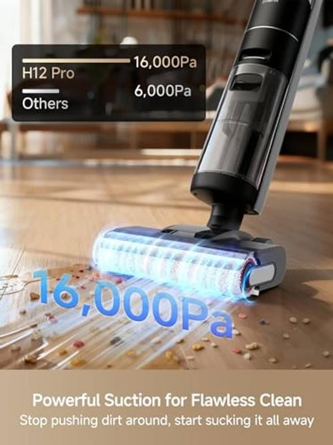 Vacuum mop floor head with rotating roller and suction airflow, upright black body