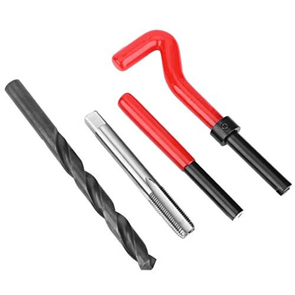 Thread repair kit components: spiral bit, taps, red handles, and metal threaded inserts