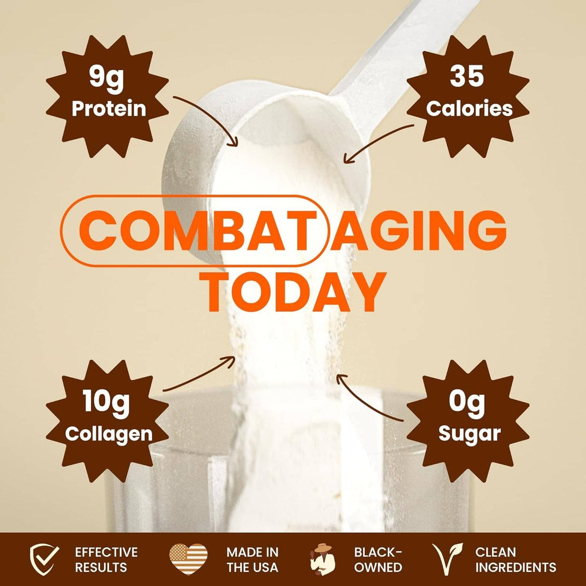 Collagen peptides powder label panel showing 10g collagen and 0g sugar