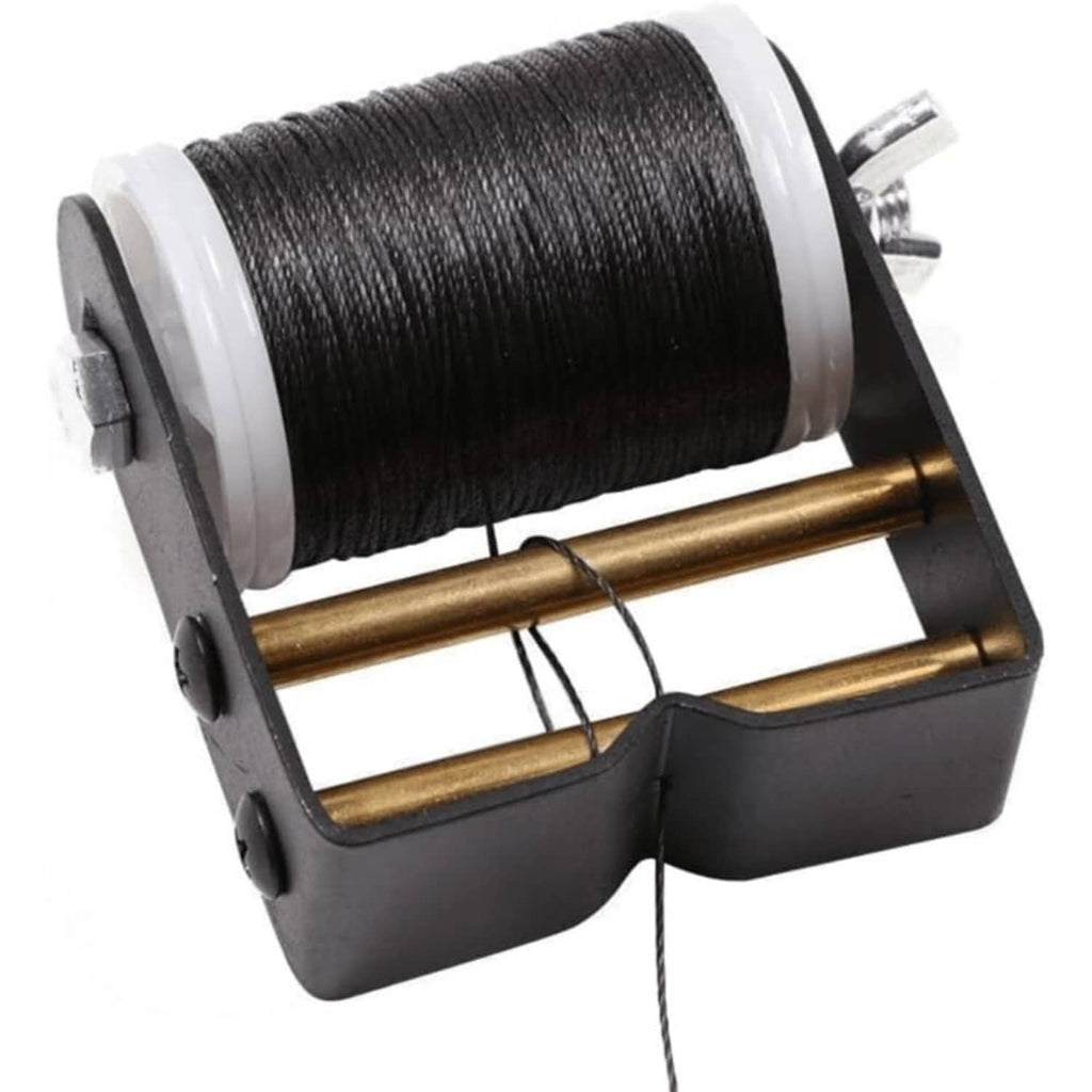 Black archery bowstring serving thread on spool with white mounting flanges
