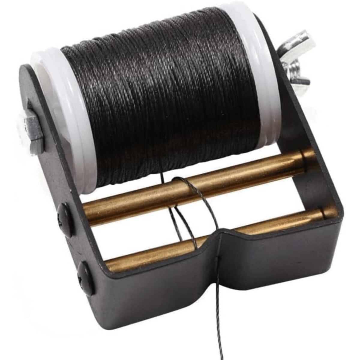 Black archery bowstring serving thread on spool with white mounting flanges