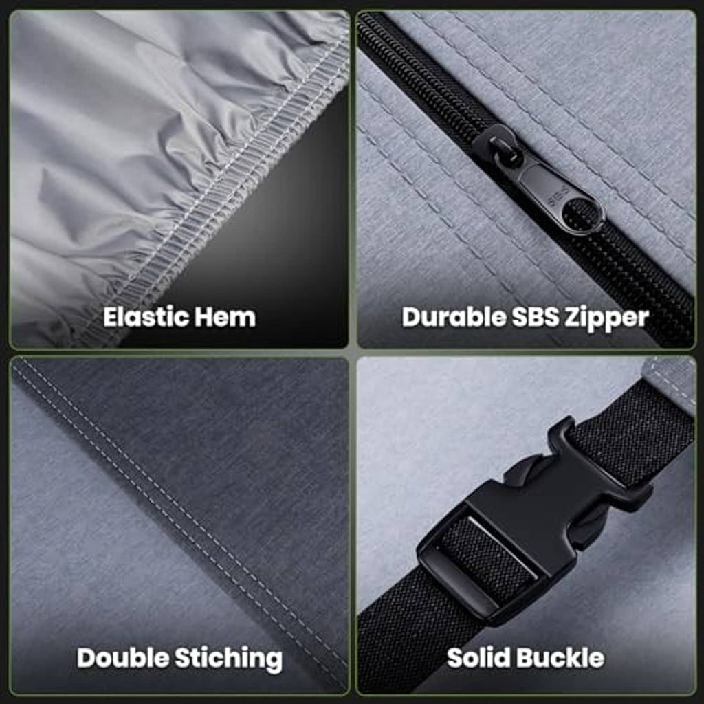 Gray RV travel trailer cover details: elastic hem, SBS zipper, double stitching, buckle