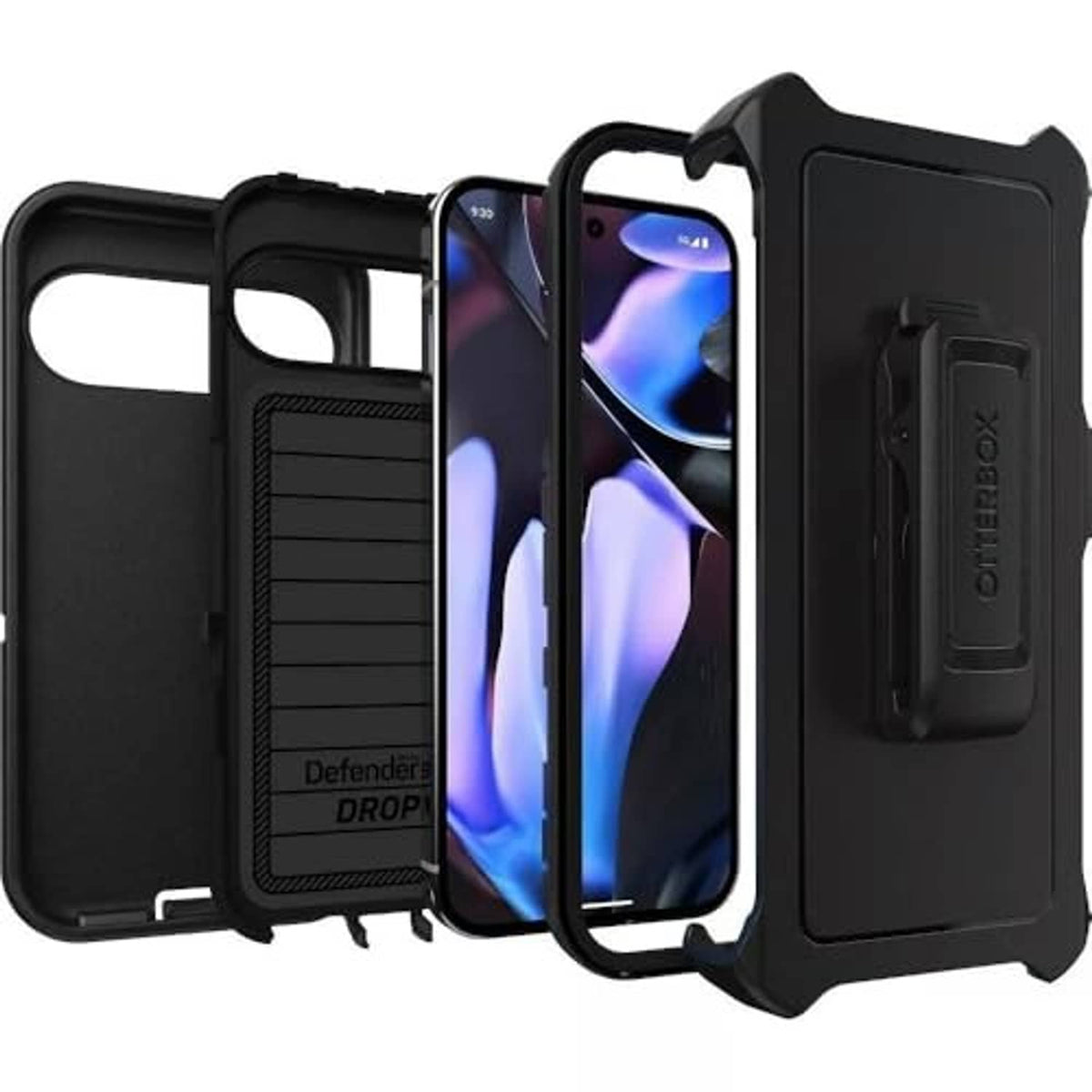 Set of black OtterBox Defender cases with screen protection and camera openings