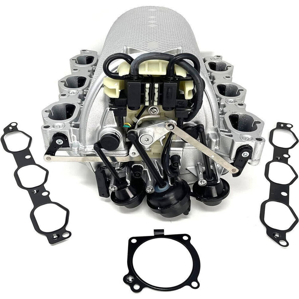 Intake manifold assembly with silver housing and black electrical connectors