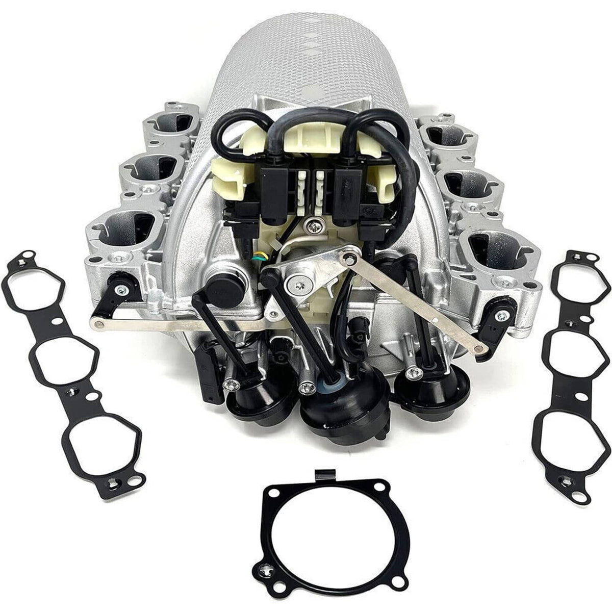 Intake manifold assembly with silver housing and black electrical connectors