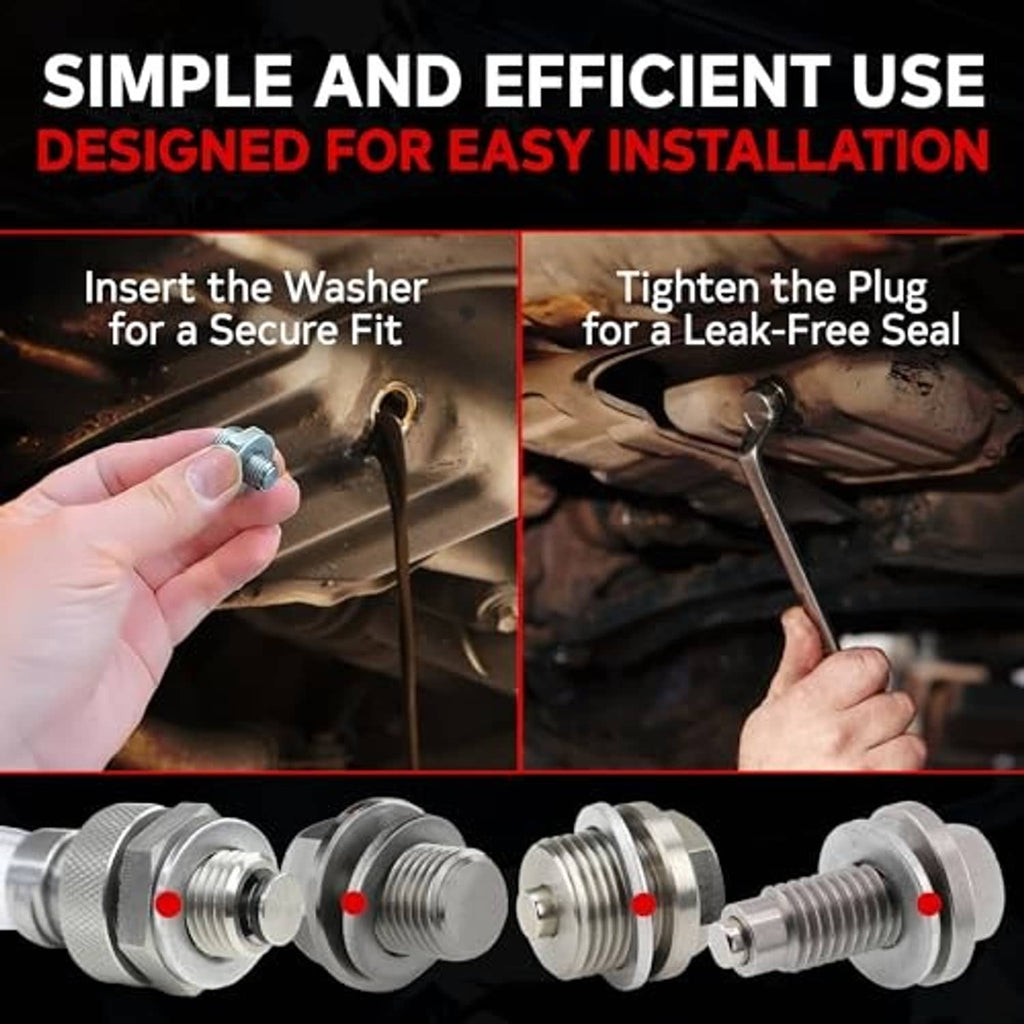 Oil drain plug crush washers with threaded plugs, round metal gasket discs with center holes