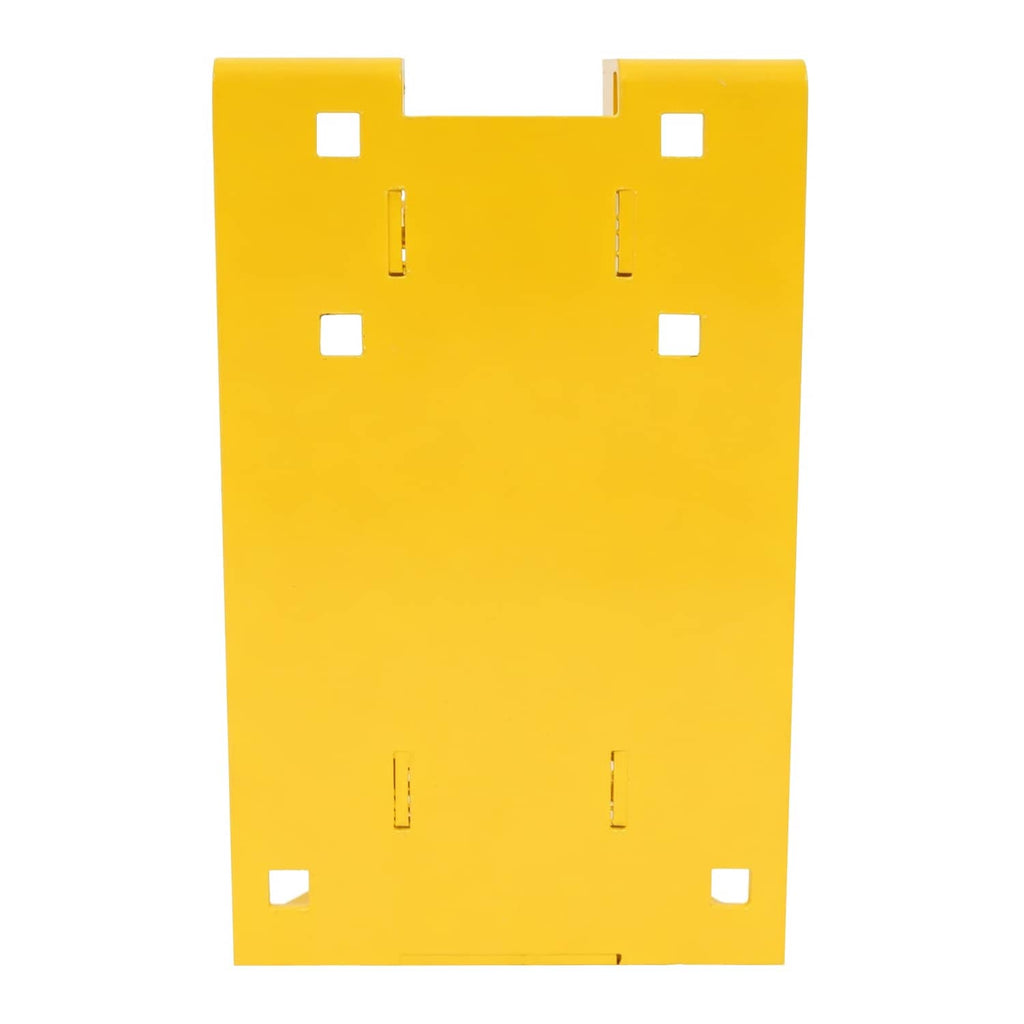Yellow flat mower hitch bracket plate with corner tabs and multiple bolt holes.