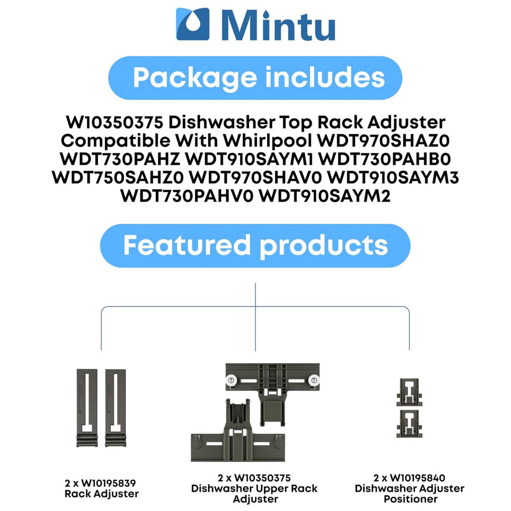 Dishwasher top rack adjuster kit diagram with adjuster and upper rack pieces