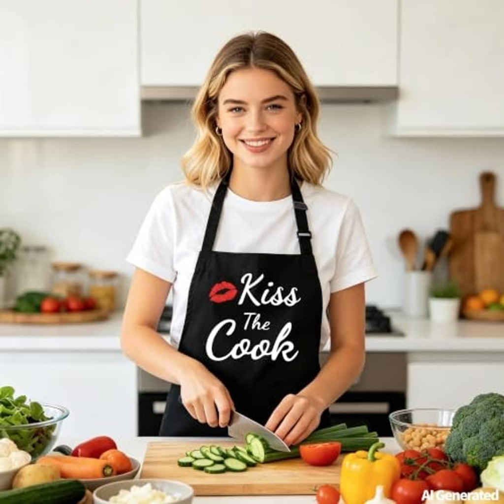 Black apron on smiling wearer with “Kiss the Cook” lips logo