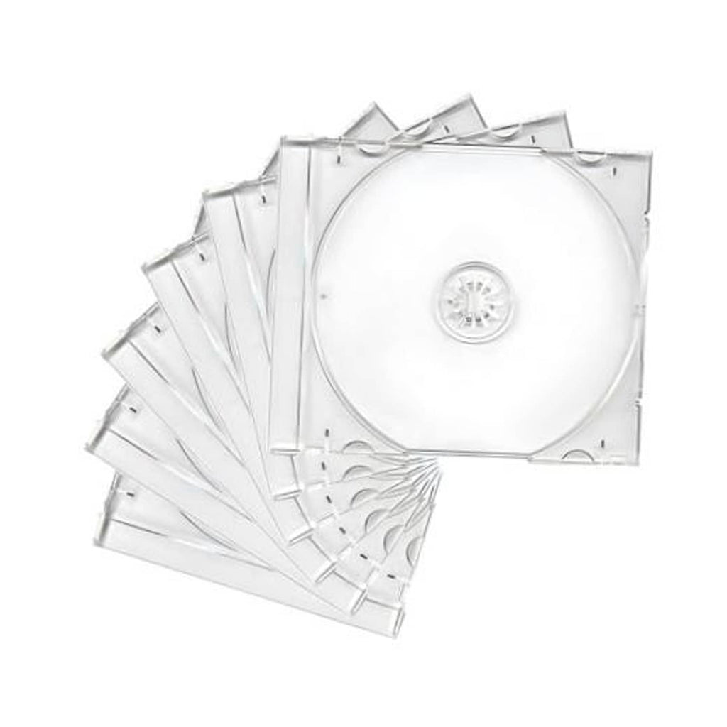 Clear plastic CD jewel case set, single-disc holders with hinged covers and tray clips.