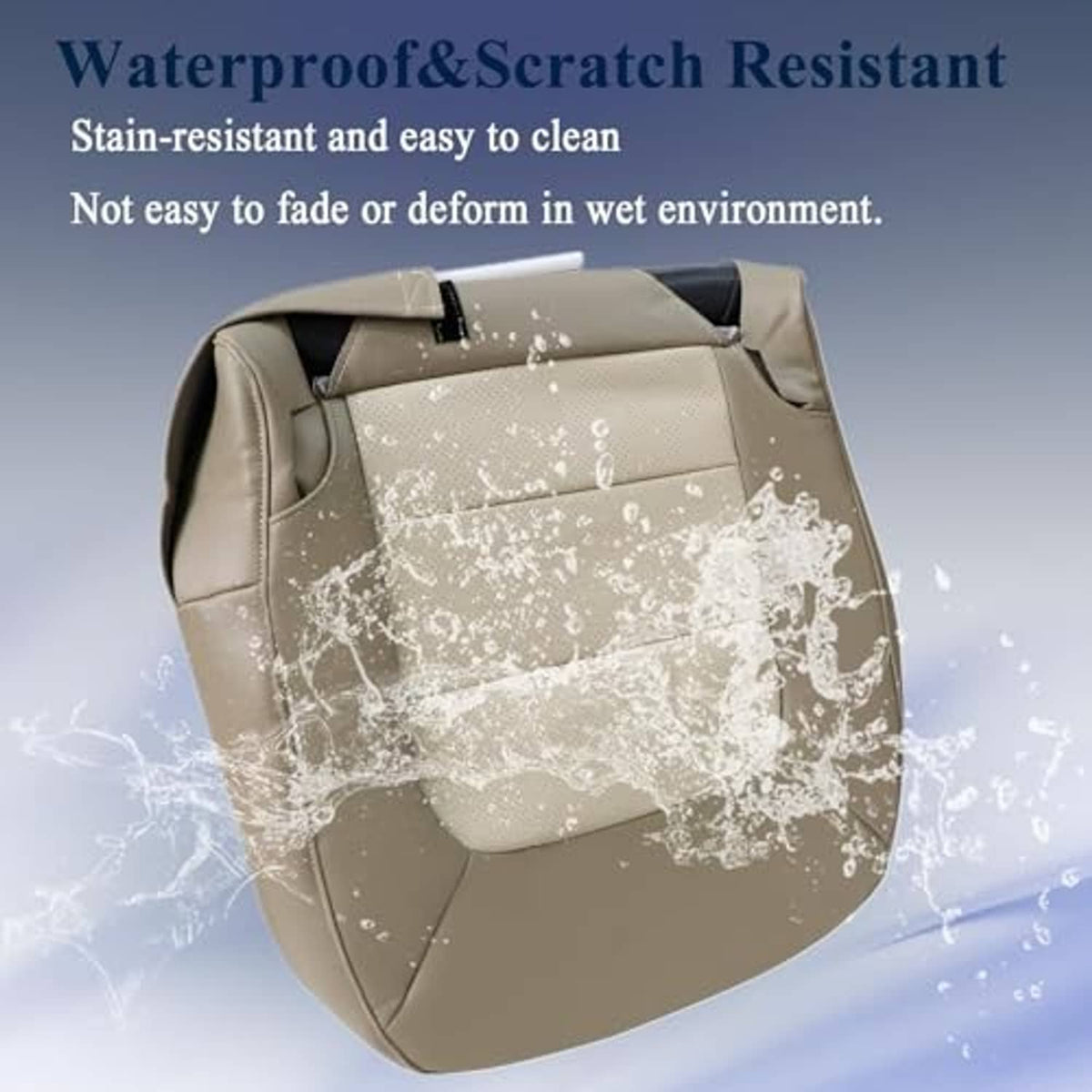 Tan two-tone seat cover bottom with waterproof look fabric and stitched seams.