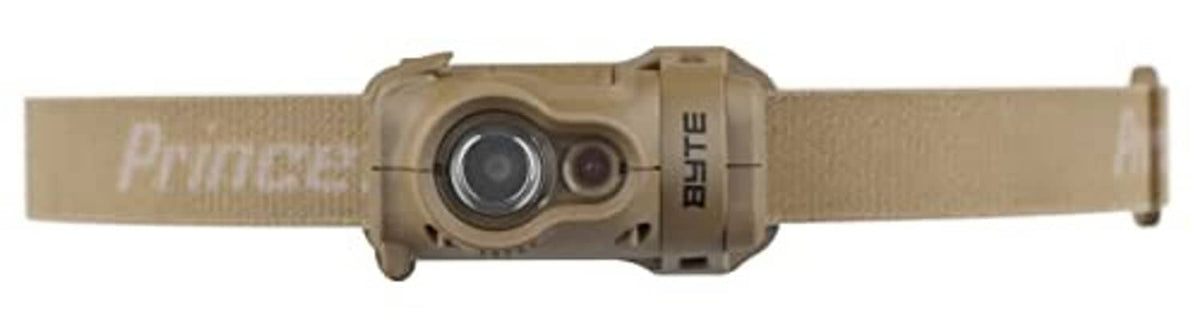 Tan Princeton Tec Byte headlamp with dual lens front and adjustable strap