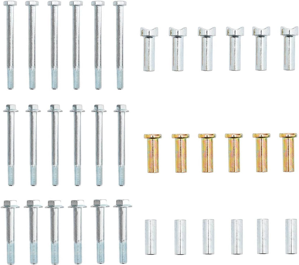 Mower deck wheel hardware kit with long bolts, spacers, and matching metal pieces