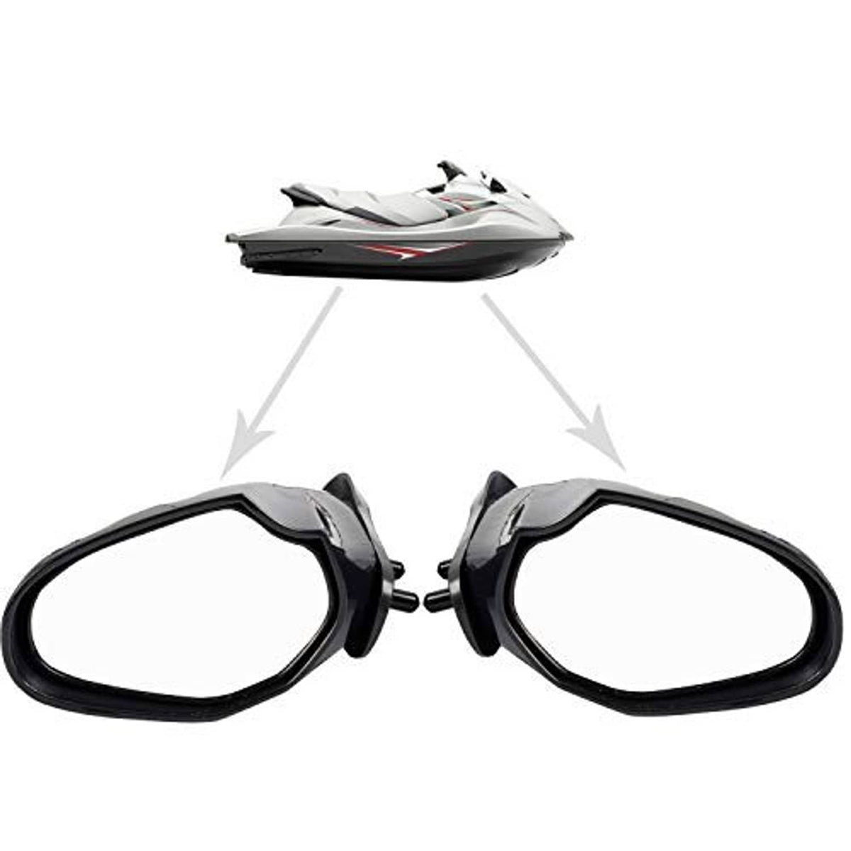 Connected pair of black side mirrors with clear oval reflectors, wide view