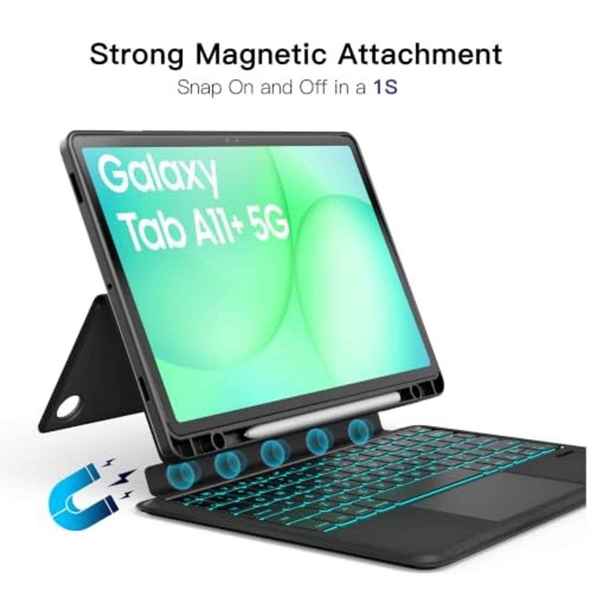 Space black magnetic keyboard case with strong snap-on attachment and stand