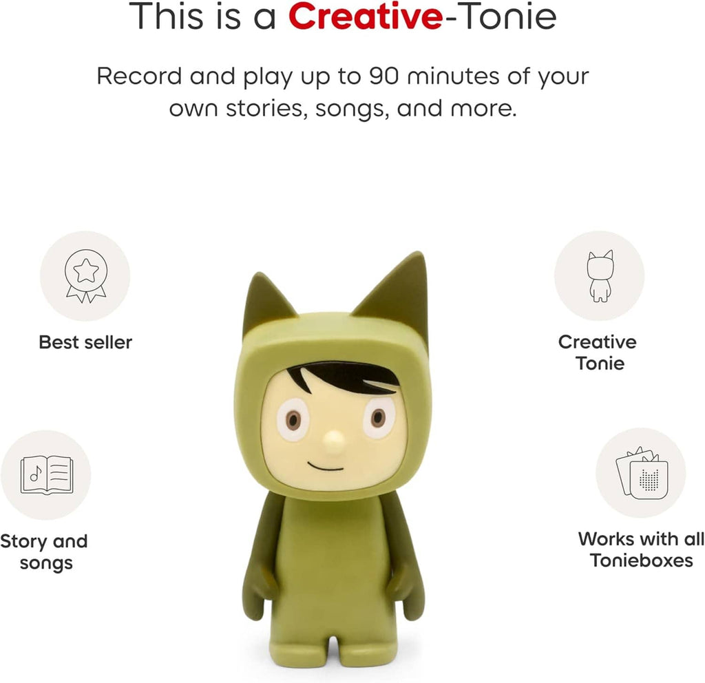Green cat Tonie figurine centered with feature icons on an info card