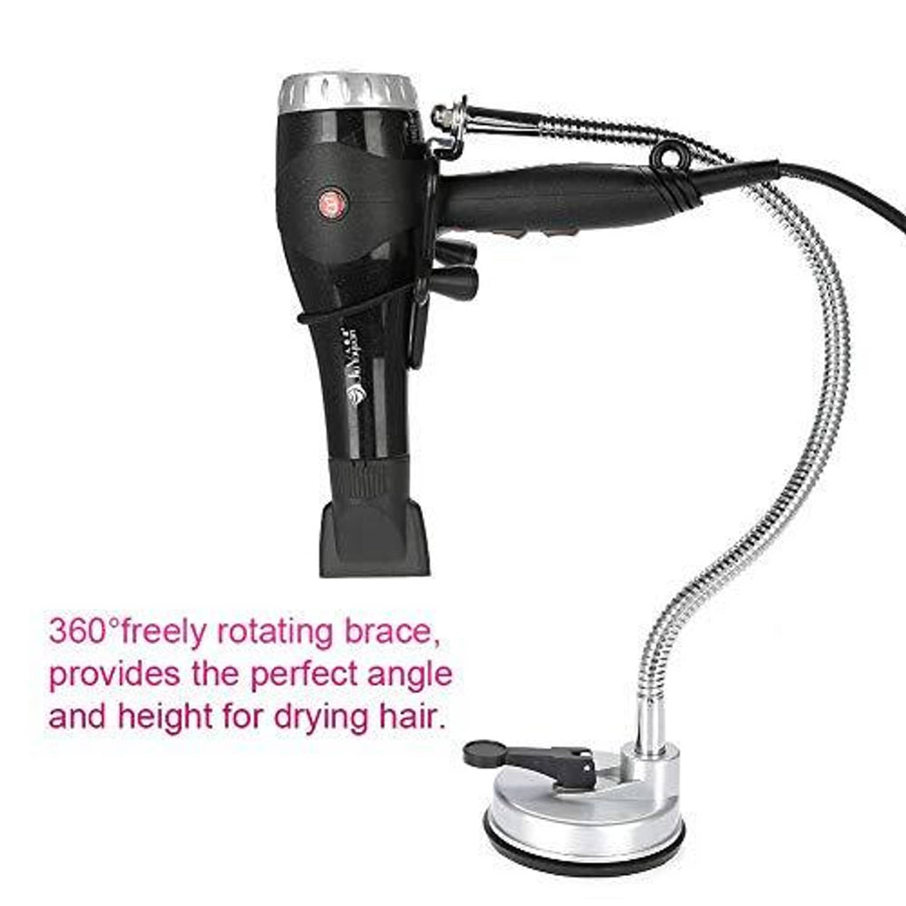 Hands-free hair dryer holder with 360° rotating brace, black dryer, and silver base