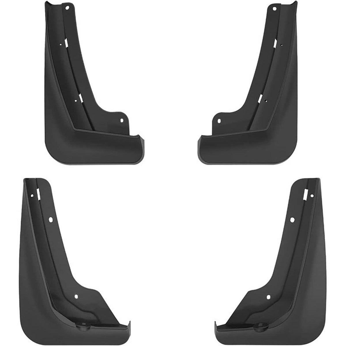 Four black mud flap splash guards with mounting holes, set of four