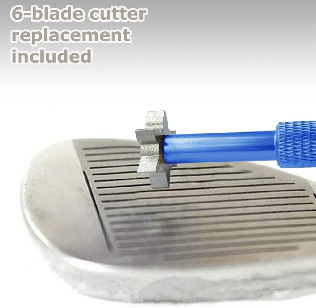 Blue-handled groove sharpener tool placed on golf club, silver multi-blade cutter