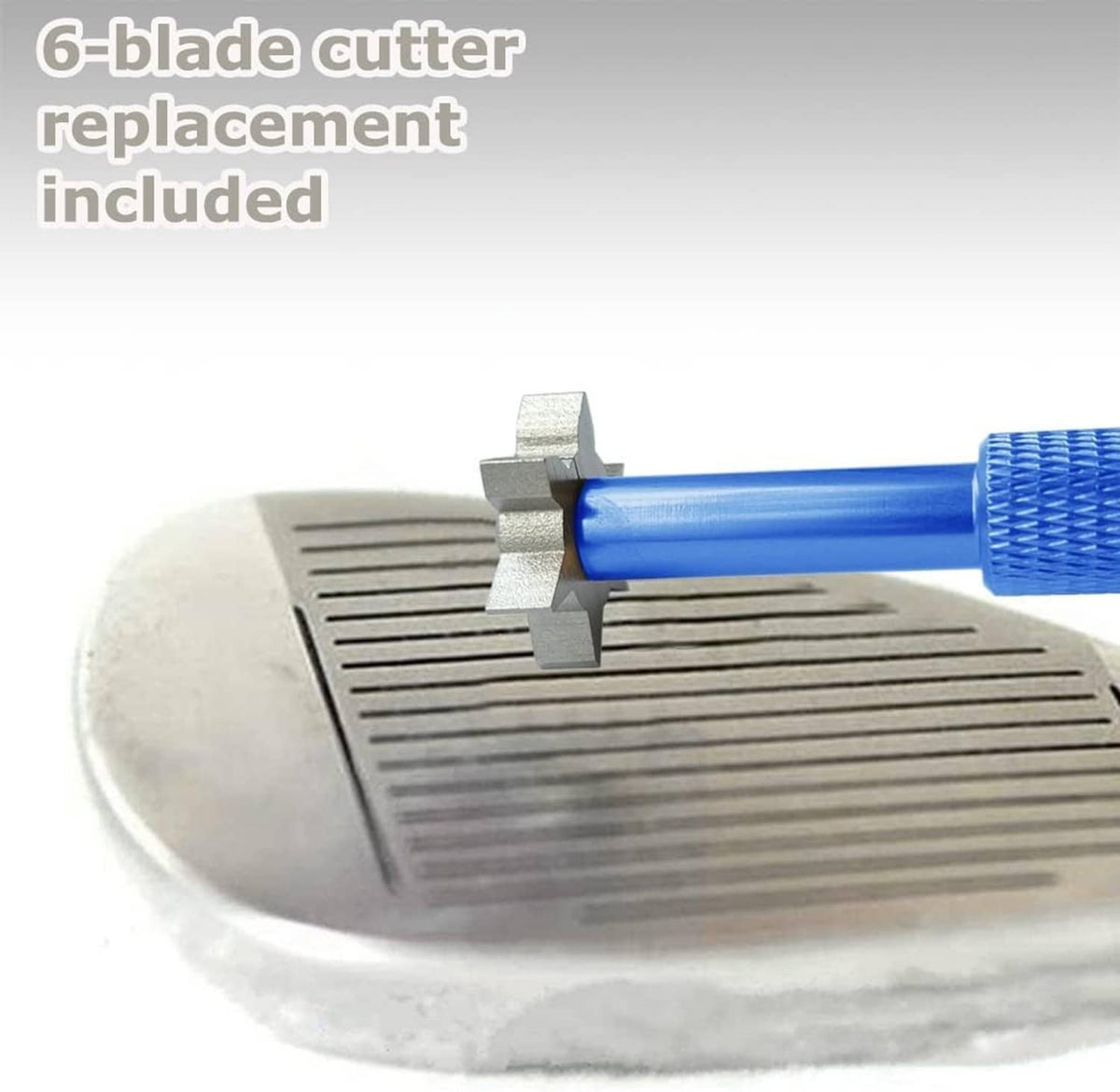 Blue-handled groove sharpener tool placed on golf club, silver multi-blade cutter