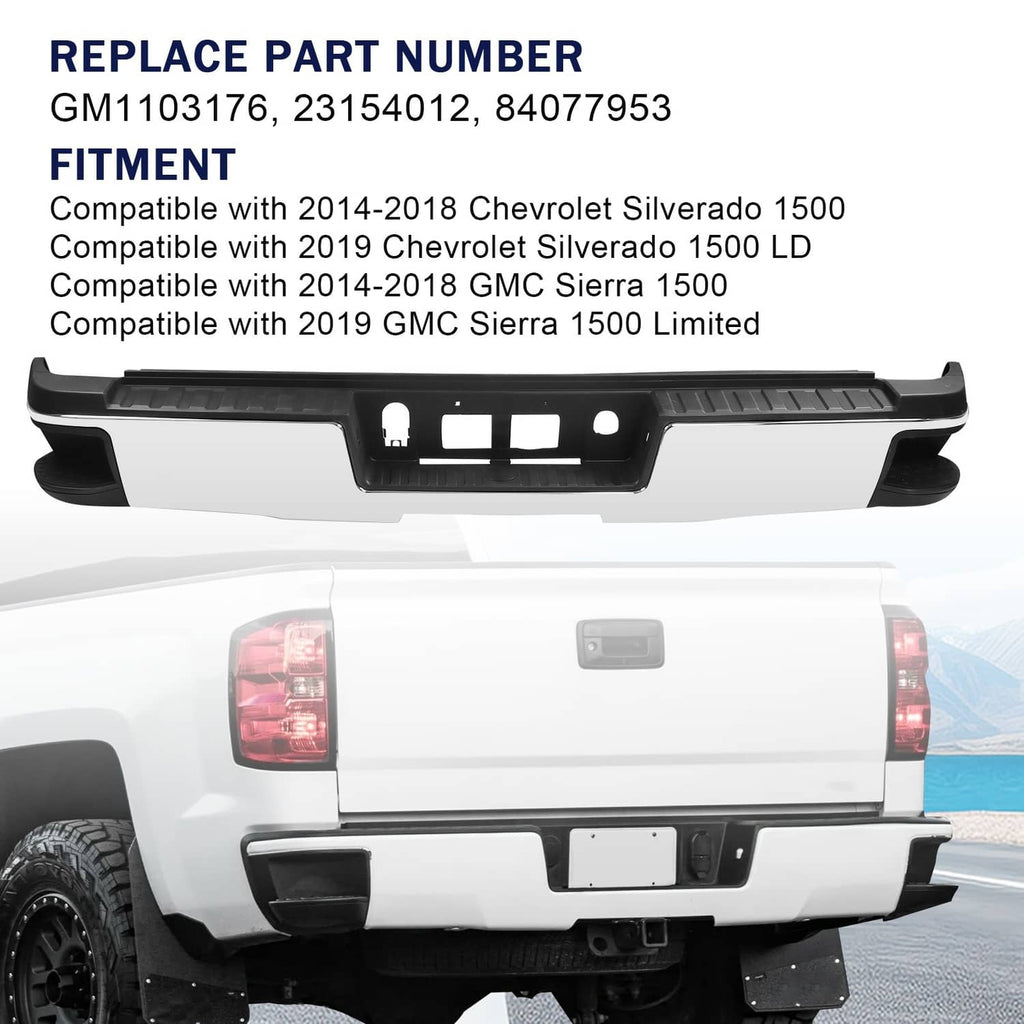 Chrome rear step bumper assembly with black step surface and license plate light cutouts