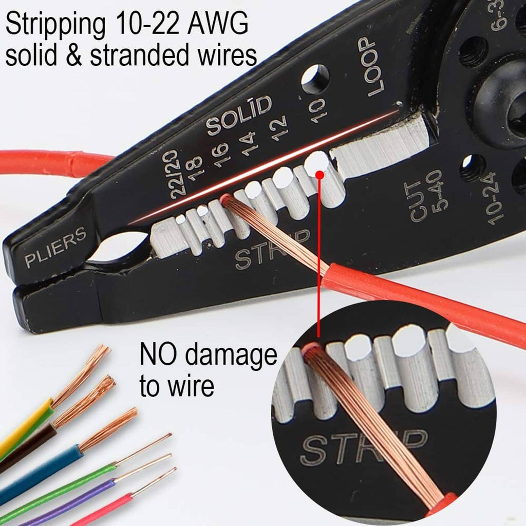 Wire stripper tool stripping 10-22 AWG solid and stranded wire with blade teeth
