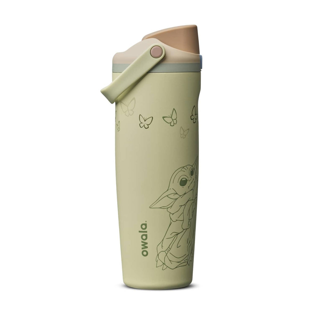 Owala 30 oz insulated water bottle with FreeSip spout, green GroGu character print