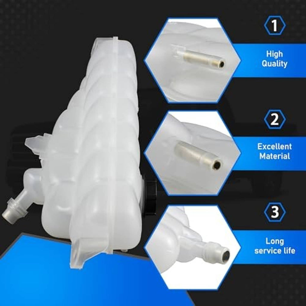 White coolant overflow reservoir tank with hose outlet and mounting base