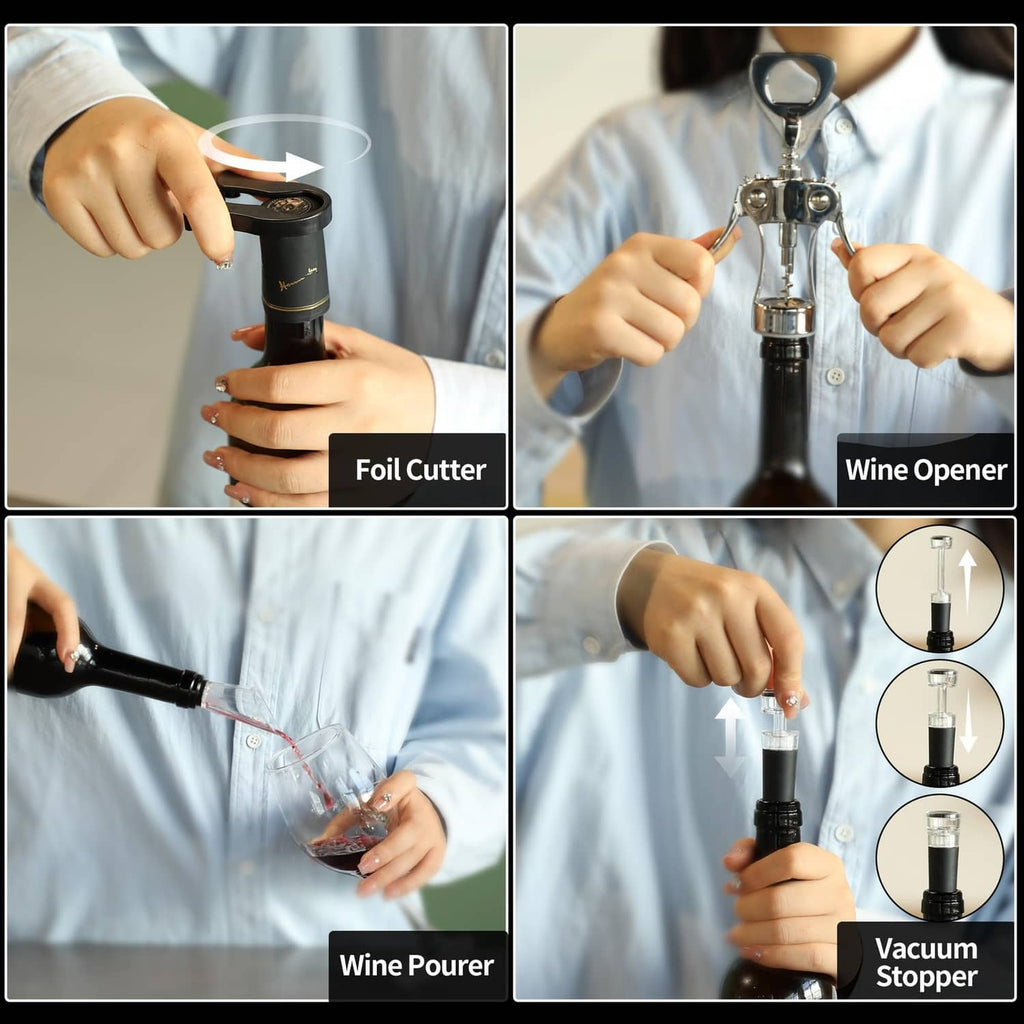 Wine opener set showing foil cutter, wine pourer, vacuum stopper, and opener use