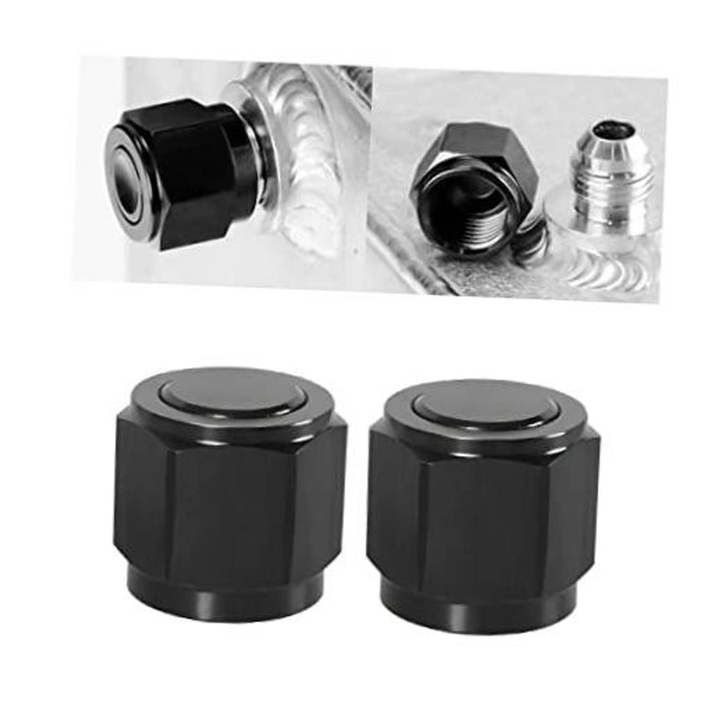 Black 10AN block-off cap plug with hex head and port opening, aluminum swivel fitting