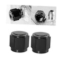 Black 10AN block-off cap plug with hex head and port opening, aluminum swivel fitting