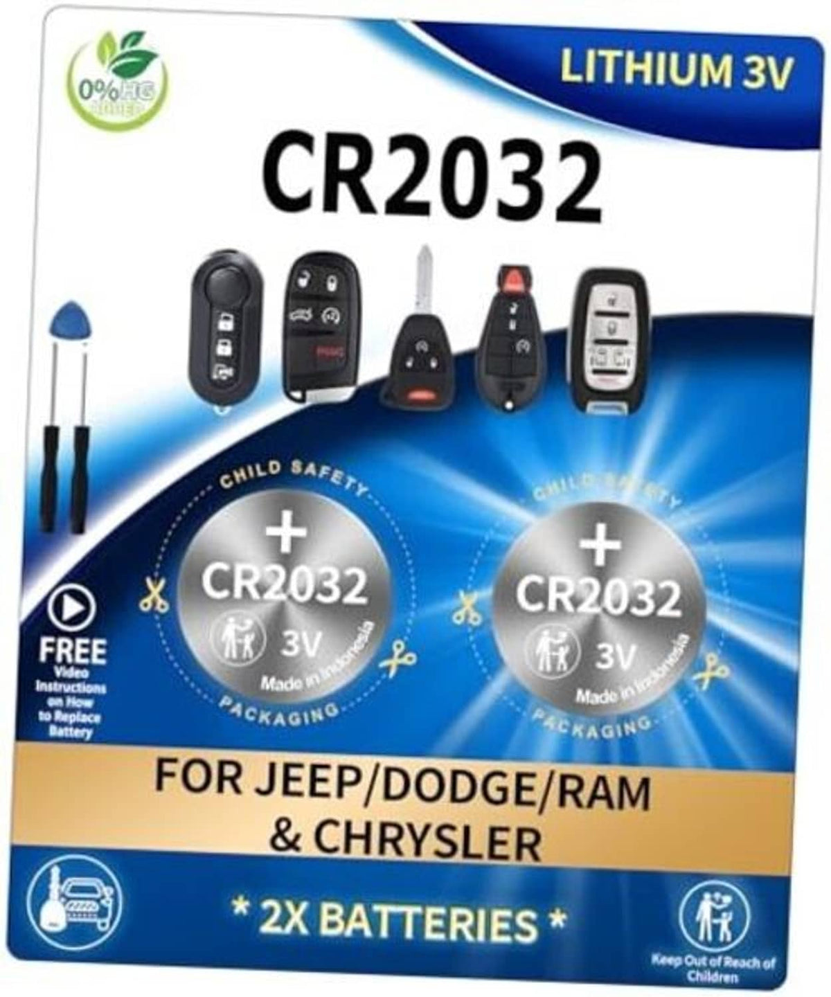 CR2032 lithium 3V key fob battery 2-pack, blister packaging with installation tools
