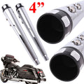 Pair of chrome slip-on exhaust pipes with black end caps and 4-inch round outlets