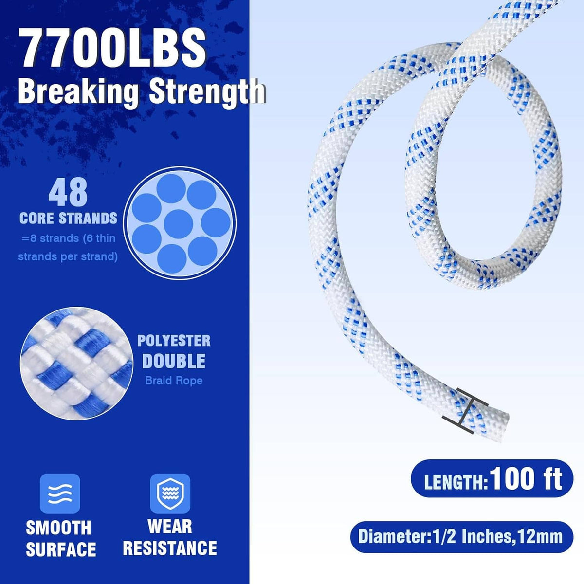 Braided rope with blue double pulley blocks, 1/2 in diameter rope