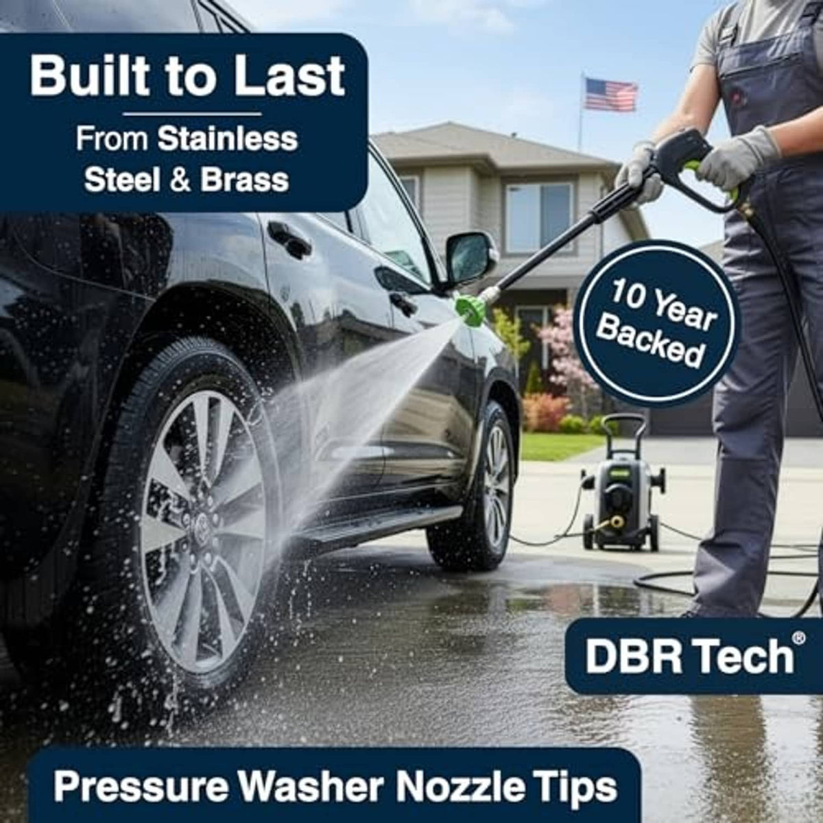 Pressure washer nozzle tips spraying water from a wand, with seven colored tips attached