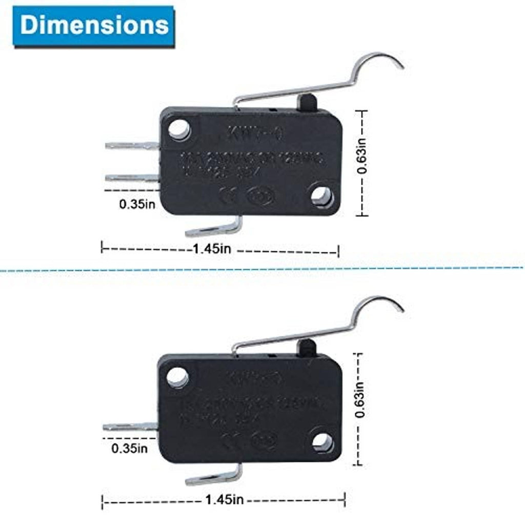 Micro switch dimensions diagram for black switch with metal pins and lever.