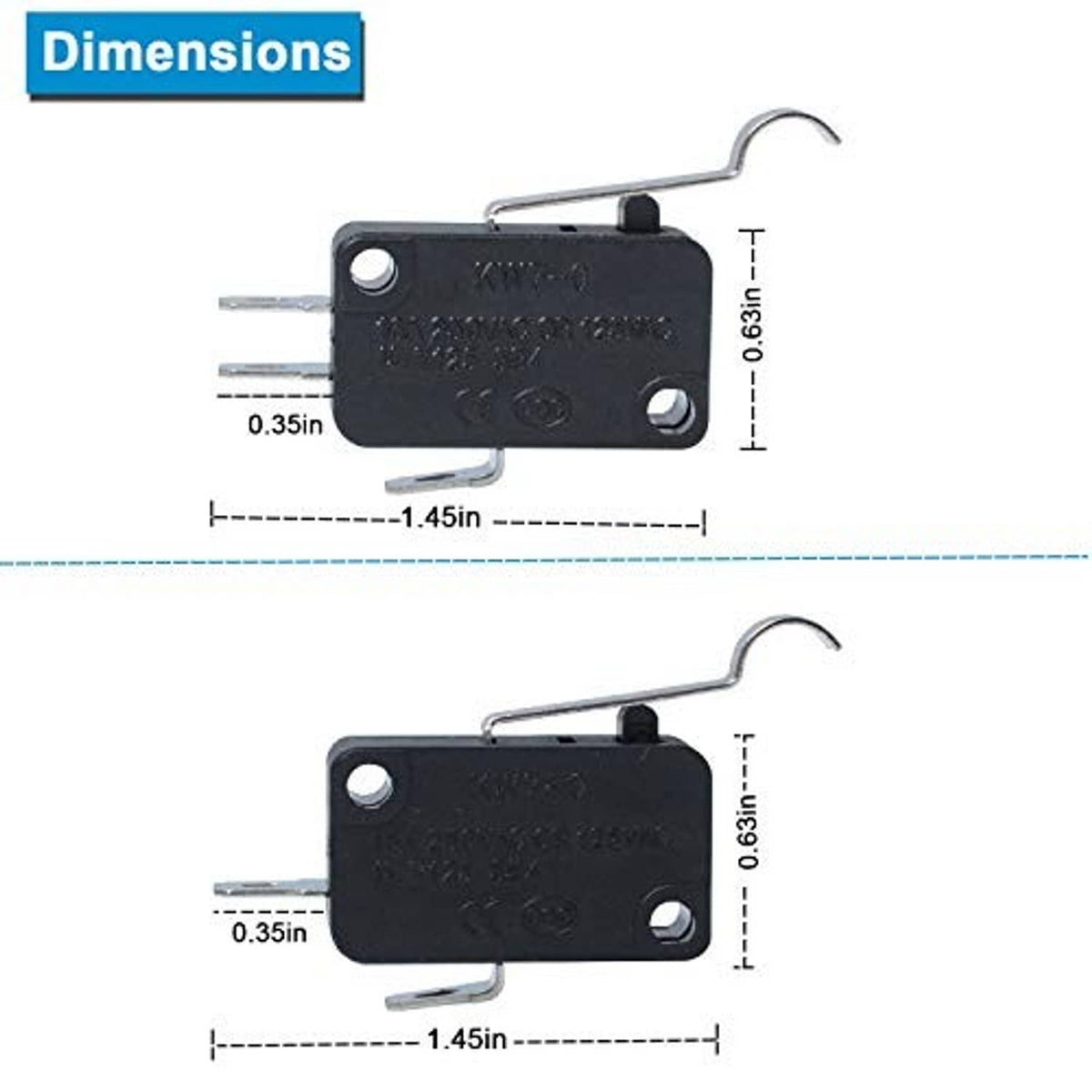 Micro switch dimensions diagram for black switch with metal pins and lever.